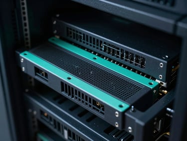 Macro shot of physical-digital server architecture, cool low-key ambient light with sharp teal accents, technical precision
