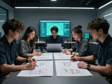 Real engineering team collaborating over complex digital schematics in a modern clean technical space, cool ambient lighting, high-contrast