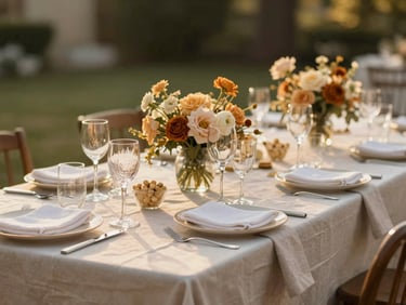 A beautifully set outdoor event table with linen tablecloths, sparkling glassware, and elegant floral arrangements under warm golden hour light