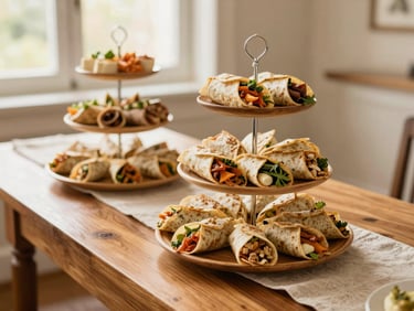 An elegant wooden catering table with tiered platters of assorted gourmet wraps, linen runner, warm daylight filtering through windows