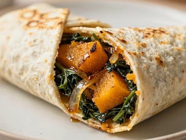 A beautifully sliced gourmet wrap showing rich roasted squash, dark greens, and caramelized onions, soft side-light, macro food photography