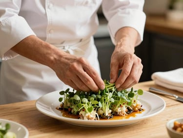 A professional chef in a clean white apron arranging fresh microgreens on a premium catering platter, warm soft daylight