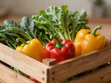 A rustic wooden crate overflowing with freshly harvested local vegetables, including vibrant peppers and crisp greens, soft natural light