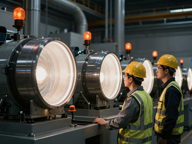 Engineers in a clean industrial plant inspecting heavy machinery, sharp rim lighting on equipment, dark moody background, orange safety lights, 50mm.