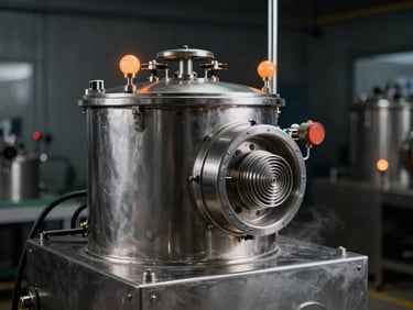 Industrial stainless steel electric steamer chamber, steam venting slightly, clean factory setting, dark moody background, orange indicator lights, 50mm