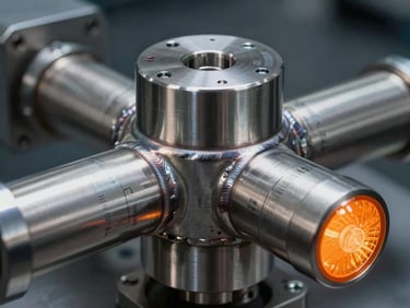 Close-up of a precision-welded stainless steel mill housing, technical calibration markings, orange indicator light reflecting on steel, 50mm