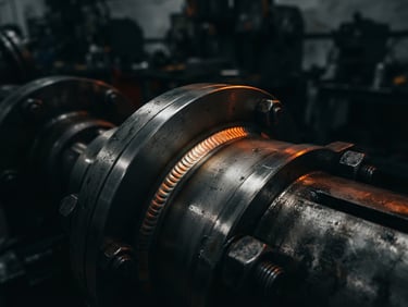 Close-up of a precision-welded stainless steel joint on heavy industrial machinery, dramatic low-key lighting with sharp orange rim light, dark moody background, 50mm