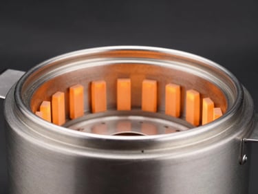 Close-up of a heavy-duty stainless steel electric roaster drum, orange heating elements glowing inside, sharp rim lighting on polished metal, 50mm