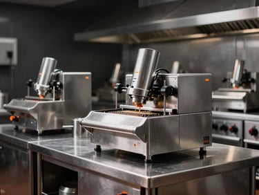 Wide shot of a modern commercial kitchen, stainless steel counters, focus on precision food processing equipment, dark moody background, 50mm.