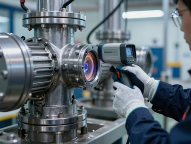 Close-up of industrial technician in safety gloves using a thermal camera on a complex steel pump system, cool metallic lighting, sharp reflections
