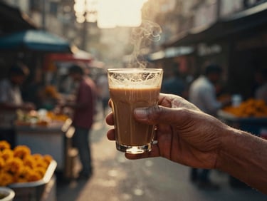 Cinematic 35mm film photo of hands holding a hot cutting chai glass against a blurry background of Mumbai street markets at golden hour, deep rich marigold tones.