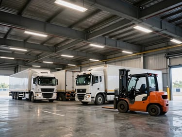 Wide shot of a modern distribution hub interior, semi-trucks backed into loading bays, forklift in motion, overhead industrial lighting mixed with natural light from dock doors, operational clarity