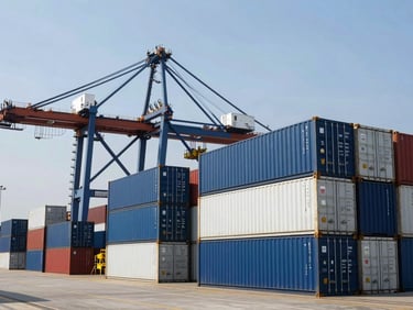 Panoramic view of a container port terminal, stacked shipping containers in royal blue and white, large gantry crane in the center-left, clear daylight sky, industrial scale visible