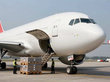 Close-up wide shot of a cargo aircraft nose and open freight door at an airport logistics hub, natural daylight, ground crew loading pallets, operational depth of field