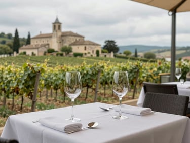 Outdoor terrace restaurant table set for two overlooking a vineyard valley in the Rhône, natural overcast light, empty wine glasses catching diffused sky, regional stone architecture in background