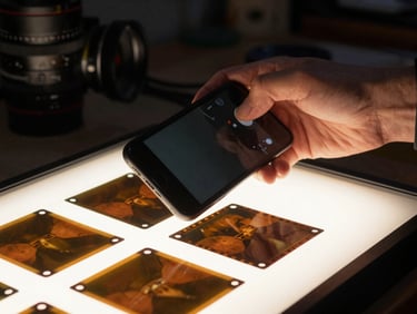 Extreme close-up of a photographer's left hand holding a phone steady above a lightbox of film negatives, warm tungsten glow from below illuminating fingertips and frame edges, dark workshop surround