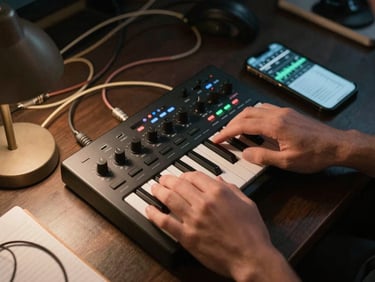 Overhead view of a music producer's hands resting on a small MIDI controller beside a phone showing a waveform editor, warm desk lamp light, tangled patch cables and a notebook visible at frame edge