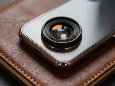 Extreme close-up of a phone's camera lens module resting on a worn leather notebook, warm tungsten studio light raking across the metal edge, shallow depth of field, natural texture visible