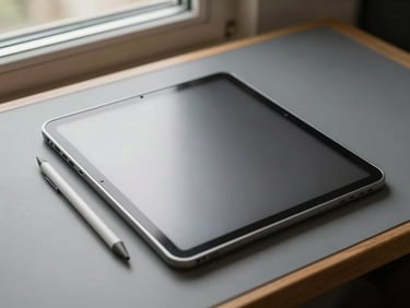 Overhead close study of a tablet lying flat on a drafting table, a stylus resting beside it, north-facing window light illuminating the natural metal frame and warm gray surface, no screen visible