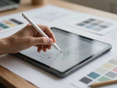 Close view of a designer's hand holding a stylus over a tablet laid flat on a drafting table, sketched layouts and reference swatches visible beneath, diffused north-facing daylight, no harsh shadows