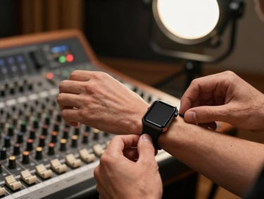 Hands of a musician adjusting a wearable on their wrist, warm tungsten light from a recording studio lamp, analog mixing board softly out of focus in the background, close framing on the wrist and device edge