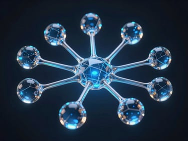 Abstract 3D glassmorphic nodes representing neural pathways and automated data flows under electric blue studio lighting, dark background