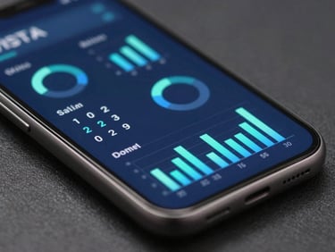 Vista isométrica de un dispositivo móvil mostrando un panel analítico de ventas con gráficos brillantes en tonos azul eléctrico y cian.