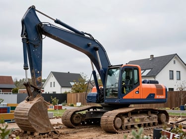 An excavator operating in a residential garden in Zealand, professional civil engineering, crisp overcast daylight, navy and orange accents, 35mm lens