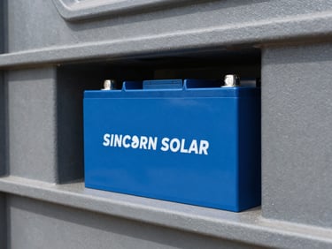 High-resolution product shot of a Sunicorn Solar lithium battery bank, bright crisp studio lighting, high-contrast blue and slate tones, 35mm