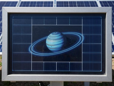 Close-up of a digital monitoring interface displaying solar system performance data, high-contrast blue and slate tones, crisp architectural framing, 35mm