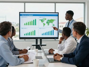 Modern office boardroom in Dar es Salaam, professionals analyzing agricultural data charts on screen, natural daylight