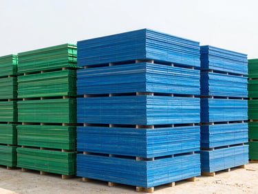 Construction materials stacked neatly at a major East African infrastructure site, wide-angle lens