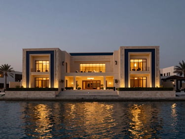Luxury waterfront villa in Ras Al Khaimah, twilight architectural shot, gold reflections on water, wide angle