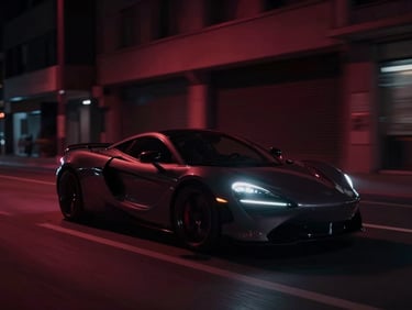 Moody cinematic dynamic shot of a sleek electric sports car moving through a dark neon-lit city street at night, motion blur, low-key dramatic lighting, deep shadows, 35mm