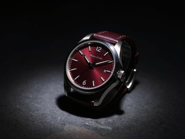 Moody cinematic close-up of a high-end designer watch under a single sharp spotlight, dark charcoal background, precise shadows, 35mm