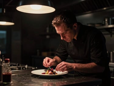 Moody cinematic scene of a dark gourmet kitchen, chef plating a dish with precision, dramatic overhead warm light, deep shadows, 35mm