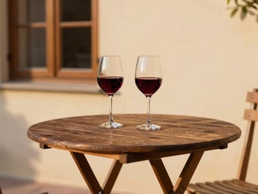 Medium shot of a small elegant outdoor wooden table in a Tuscan dehors, two glasses of red wine, soft afternoon sunlight