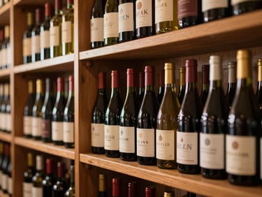 Editorial shot of neat wooden shelves stacked with diverse wine bottles in a cozy local cellar, warm brass accents catching light, shallow depth of field, 35mm.
