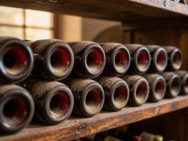 Close-up of dusty wine bottles stacked horizontally on dark wooden shelves in a historic cellar, warm atmospheric glow