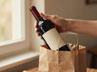 Editorial shot of hands placing a classic wine bottle with a clean cream label into a rustic paper bag, warm ambient window light, shallow depth of field, 35mm.