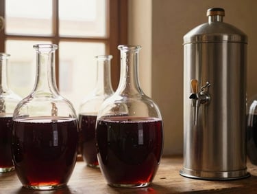 Warm environmental shot of traditional glass demijohns and stainless steel wine dispensers in a cozy Italian cellar, soft lighting