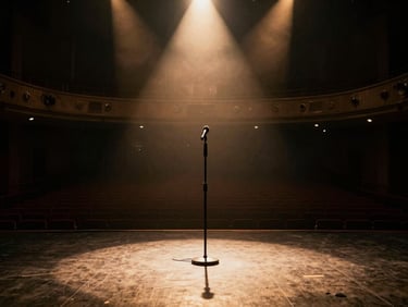 Wide anamorphic shot of an empty theater stage with a single microphone stand under a warm spotlight, haze, deep shadows, cinematic grain