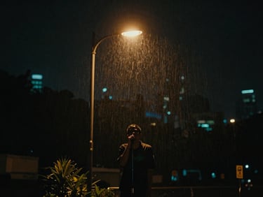 Cinematic anamorphic film frame of a lone singer under a single warm street lamp at night, heavy grain, deep shadows, Jakarta city rain haze