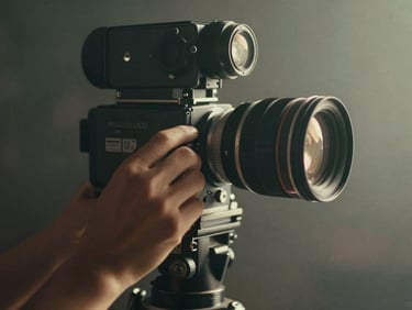 A dramatic close-up of hands adjusting the focus ring of an analog cinema lens on set, tungsten glow, atmospheric haze, 35mm grain