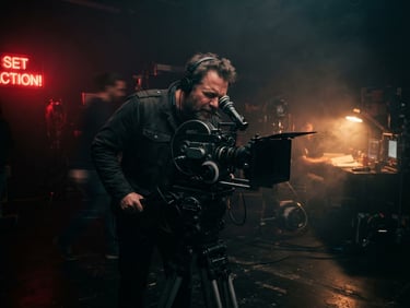 Anamorphic 35mm film still of a director behind a vintage camera on a dark set, low-key neon red and warm tungsten lighting, smoky atmosphere, high contrast shadows