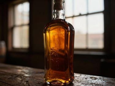 A rare, heavy wax-dipped whiskey bottle catching golden window light in a dusty cellar, macro focus