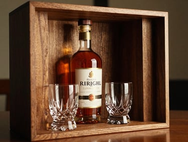 An elegant wooden presentation box holding a bottle of bourbon and two crystal tasting glasses, soft lighting