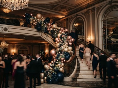 Dramatic wide-angle shot of a grand ballroom featuring a massive organic balloon installation in deep navy, champagne gold, and metallic rose gold draped over a grand staircase, warm ambient lighting, 35mm