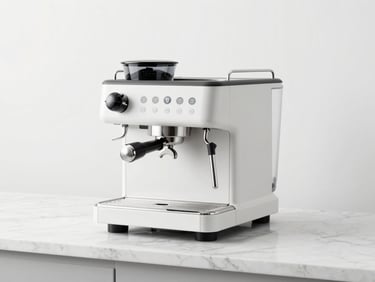 Sleek commercial espresso machine on a clean white marble counter, bright high-key studio lighting, minimalist composition, 50mm lens