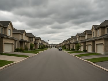 Wide daylight view of a residential street in Sainte-Julie, newer two-storey homes from the 2000s with attached double garages, wide driveways, overcast sky